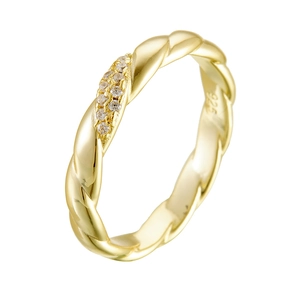 Polished S925 sterling silver braided ring in gold with sparkling inlaid diamonds