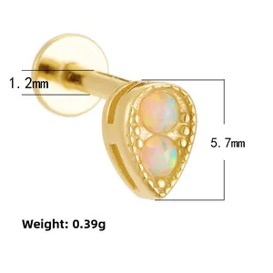 Detailed view of teardrop gold 925 silver ear stud with opal inlay and measurements