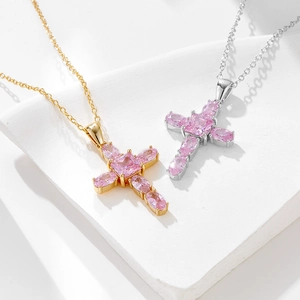 Elegant S925 silver cross necklace with pink zircon crystals in gold and silver finishes