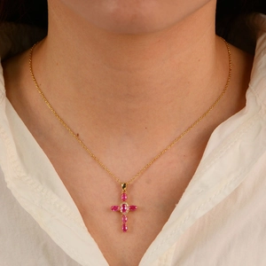 Elegante collana a croce in argento S925 dorato con pietre di zircone rosa