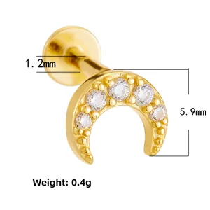Detailed view of 925 sterling silver golden crescent moon ear stud with 1.2mm bar thickness