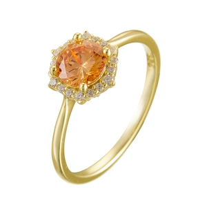 Anello in argento S925 con zircone champagne e pietra rotonda arancione con halo diamanti