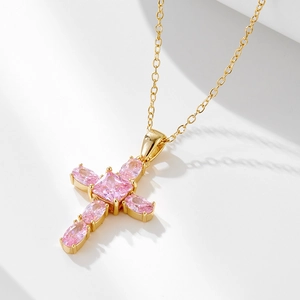 925 Sterling Silver Pink Rhinestone Cross Pendant Necklace For Women Elegant Fashion Clavicle Chain Jewelry Gift