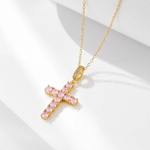 Collier Pendentif Croix en Argent Sterling 925 avec Strass Rose pour Femme Chaîne de Clavicule Bijoux de Mode Cadeau