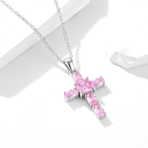 S925 sterling silver necklace with pink zircon cross pendant on white stones
