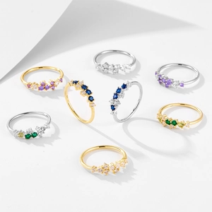 925 Sterling Silver Multi Color Rhinestone Ring For Women Minimalist Geometric Gold Plated Thin Band Finger Ring Jewelry