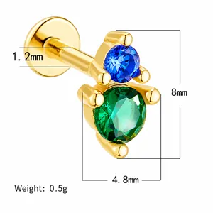 Macro view of 925 silver ear stud with blue and green crystals and size measurements