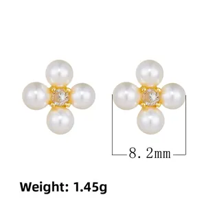 Detail of flower pearl earrings showing 8.2mm size and 1.45g weight in gold finish