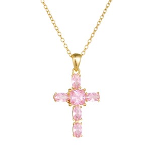 S925 silver necklace featuring a gold cross pendant set with vibrant pink zircons