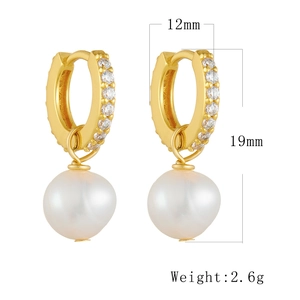 Detail showing 12mm x 19mm gold-plated hoop earrings with zircon and natural pearl
