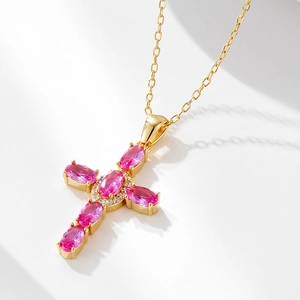 Collana con Croce in Argento Sterling 925 per Donna Ciondolo con Strass Rosa Moda Oro Argento Elegante Catena per Clavicola Gioielli Regalo