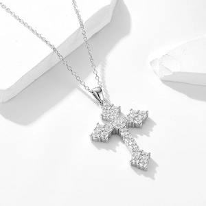 Sparkling silver cross pendant necklace with micro-pave cubic zirconia on stone base