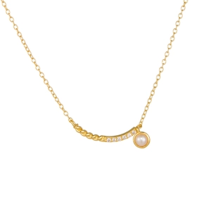 Minimalist 925 silver gold plated necklace with curved zirconia pendant and white pearl