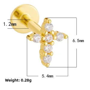 Detailed view of gold cross cartilage stud with white zircon inlays and dimensions