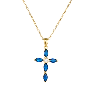Golden cross necklace featuring blue marquise-cut stones and clear zircon crystals