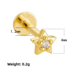 Macro detail of 4mm gold star piercing stud showing dimensions and 1.2mm bar thickness