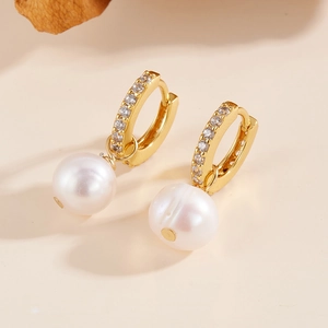 925 Sterling Silver Earring Post Artificial Pearl Hoop Earrings For Women Gold Plated Zirconia Inlaid Vintage Luxury Korean Jewelry