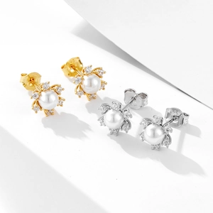 Elegant S925 silver sunflower pearl earrings with zircon inlay in gold and silver