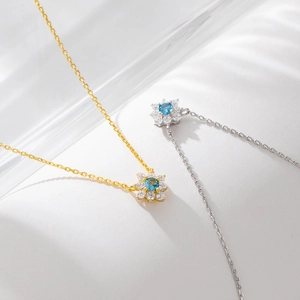 S925 silver flower necklace with blue zircon pendant in gold and silver finishes