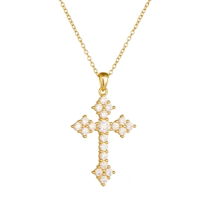 Golden cross pendant necklace with sparkling cubic zirconia clusters on a fine gold chain