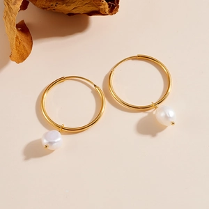 925 Sterling Silver Freshwater Pearl Hoop Earrings For Women Elegant Baroque White Pearl Gold Plated Round Drop Earrings