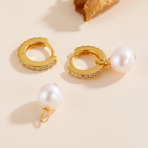 French vintage style gold hoop earrings with detachable white pearls and micro diamonds