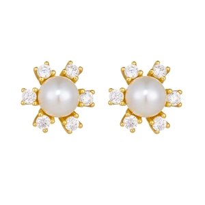 Elegant S925 silver pearl snowflake earrings with gold plating and white zircon accents