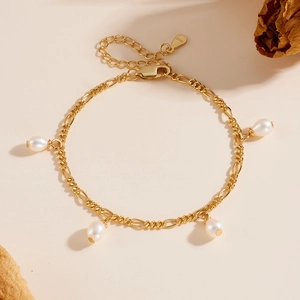 Bracelet en Argent Sterling S925 Plaqué Or 18K avec Perle d'Eau Douce Élégant Chaîne Figaro pour Femmes Bijoux Cadeau