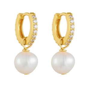 Elegant 925 silver gold-plated U-shaped hoop earrings with zircons and natural pearls