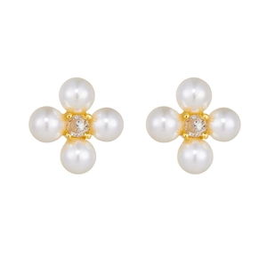 Elegant S925 silver pearl stud earrings with four shell pearls and a central cubic zirconia