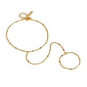 Minimalist S925 sterling silver gold-plated hand chain bracelet with ring and small discs