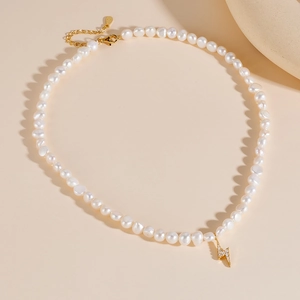 925 Sterling Silver Freshwater Pearl Necklace For Women Elegant Lightning Bolt Pendant Rhinestone Clavicle Chain Jewelry