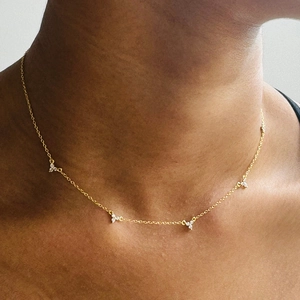 S925 silver clover flower necklace with zircon stones on a gold slender chain for women