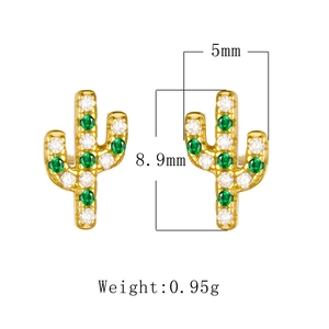 Detailed size specifications of silver cactus stud earrings with green and white zircons