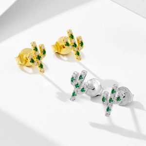 S925 silver cactus stud earrings with micro-set green cubic zirconia in gold and silver