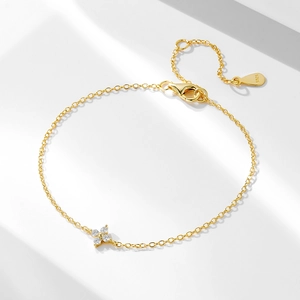 S925 Sterlingsilber Vierblättriges Kleeblatt Armband Für Damen Minimalistisch Gold Überzogen Zirkonia Blume Anhänger Schmuck