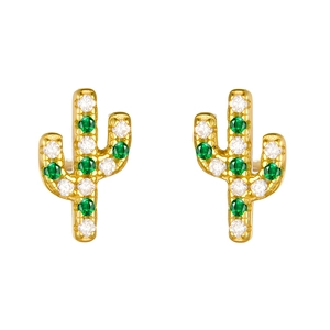 S925 sterling silver cactus stud earrings with green and white cubic zirconia accents