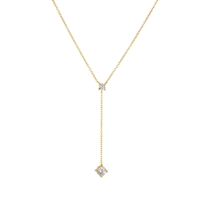 Elegant gold Y-shaped S925 silver necklace with two clear circular stones on minimalist chain