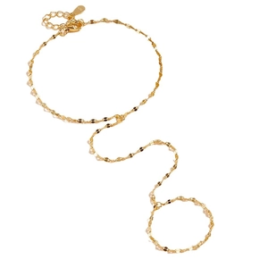 Elegant gold S925 sterling silver sequin finger ring bracelet with adjustable chain