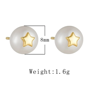 Detail of 8mm pearl earrings featuring gold star design and S925 silver backing
