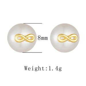 Macro detail of 8mm natural pearl earrings with gold infinity symbol, 1.4g weight