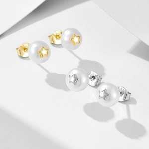 S925 sterling silver star pearl earrings in gold and silver finish with star studs
