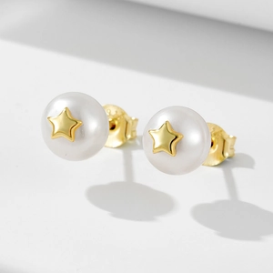 Star Artificial Pearl Stud Earrings With 925 Sterling Silver Earring Post White Round Shell Bead French Retro Jewelry For Women