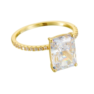 Luxurious gold S925 silver ring with a radiant cut 5A zircon and pave set side stones