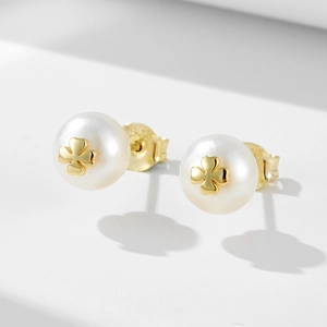 Artificial Pearl Stud Earrings With 925 Sterling Silver Earring Post French Vintage Four-leaf Clover Elegant Jewelry For Women