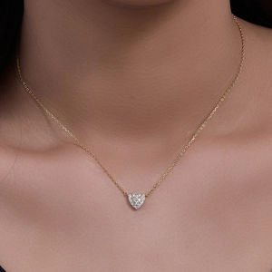 S925 Sterling Silver Heart Necklace with pavé cubic zirconia on model neck