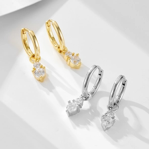 S925 sterling silver hoop earrings with round cubic zirconia in gold and silver finish