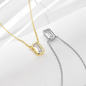 925 sterling silver necklace featuring a rectangular baguette cut zircon pendant