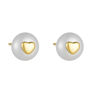 S925 sterling silver heart pearl stud earrings featuring grey round pearls and gold heart