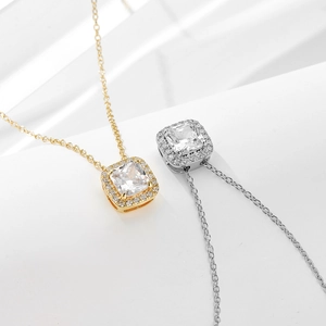 S925 sterling silver necklace with square zircon pendant in gold and silver finishes
